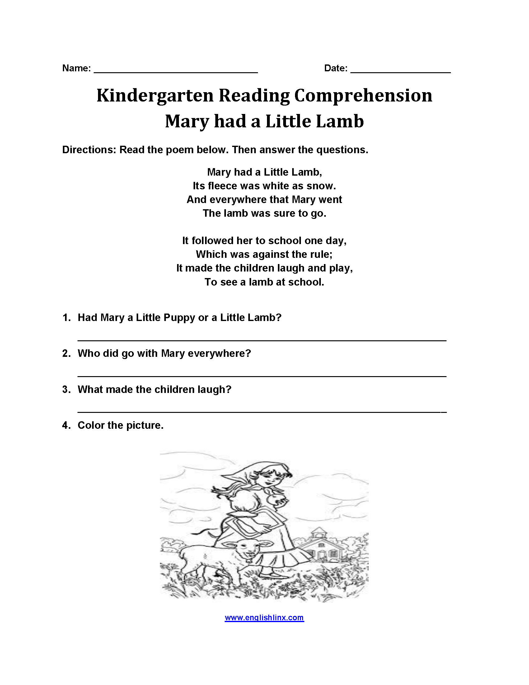 Mary Had a Little Lamb Kindergarten Reading Comprehension Worksheets